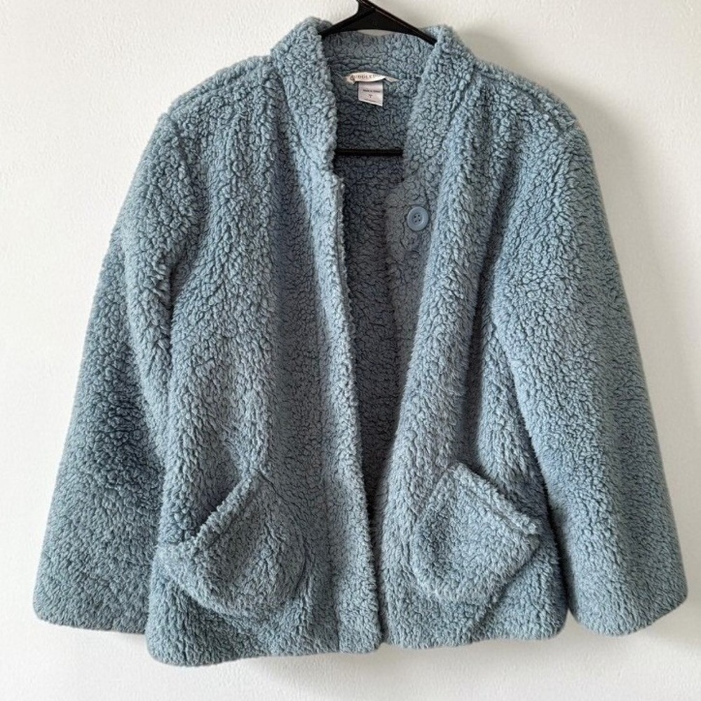 Cuddledown Women Blue Sherpa Fleece Bed Jacket Single Button Pocket Small